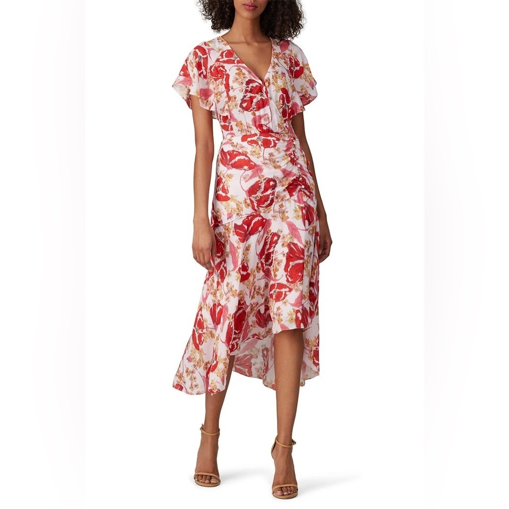 Parker Floral Pink Red Asymmetric Vivi Midi Dress Size 4